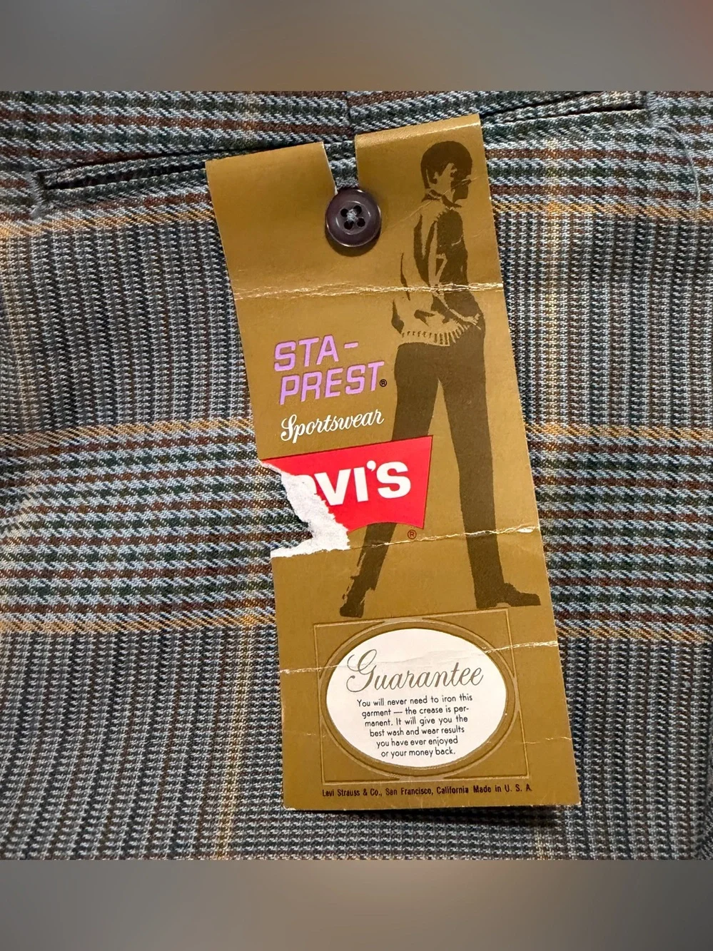 Vintage 1970s Levi’s STA-PREST Deadstock Plaid Pants 31x31 Blue Green Tan